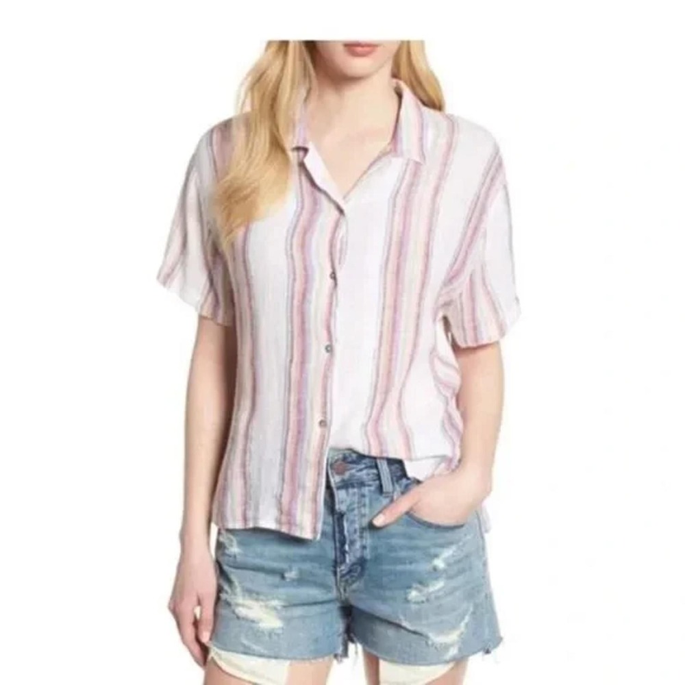 Rails Zuma Havana Stripe Short Sleeve Button Down Shirt Linen Blend Small